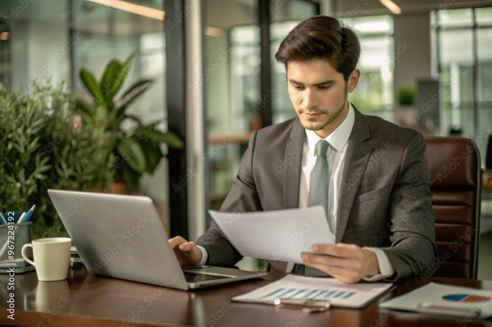 A person calculating company income and expenses on a laptop, surrounded by financial documents. A person calculating company income and expenses on a laptop, surrounded by financial documents.