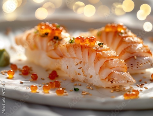 Hokkigai Nigiri, surf clam sushi on rice, classic Nigiri on ceramic plate, close up photo with noble background photo