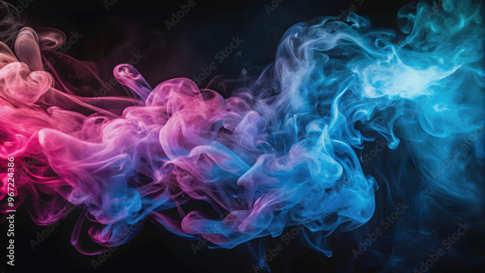 Fototapeta premium Blue and pink smoke swirls against a black background, smoke, swirls, abstract, colorful, motion, mysterious, dramatic, vibrant
