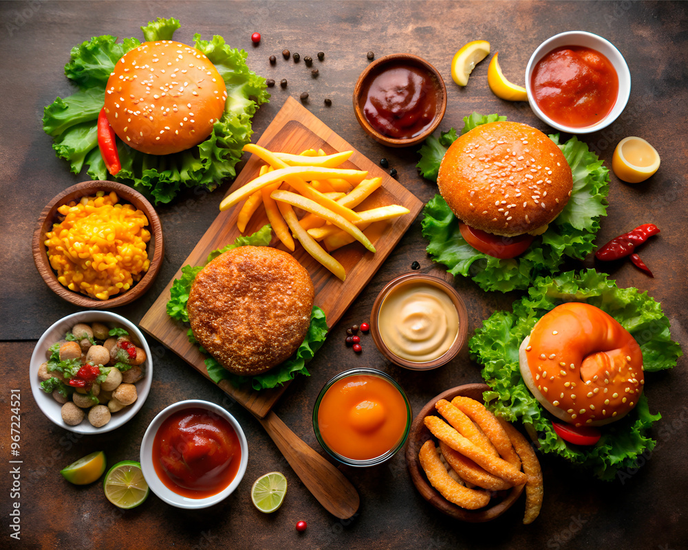 A table full of food including a hamburger, fries, and cheeseburger and fries.