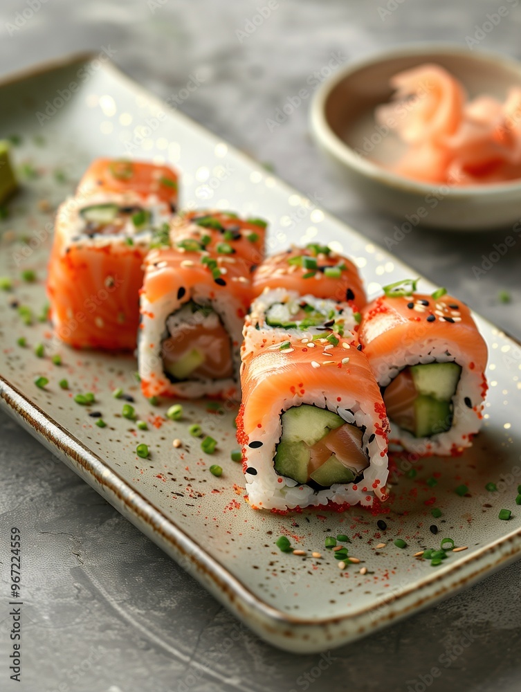 Seared Cherry Blossom Roll with tuna, salmon, avocado, and cucumber on a light background Seared Cherry Blossom Roll with tuna, salmon, avocado, and cucumber on a light background