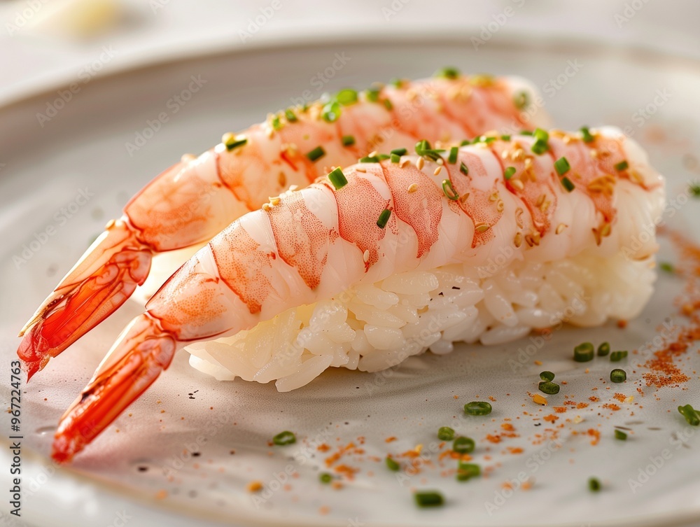 Sweet shrimp Nigiri sushi, Amaebi sushi on rice, elegant light background Sweet shrimp Nigiri sushi, Amaebi sushi on rice, elegant light background
