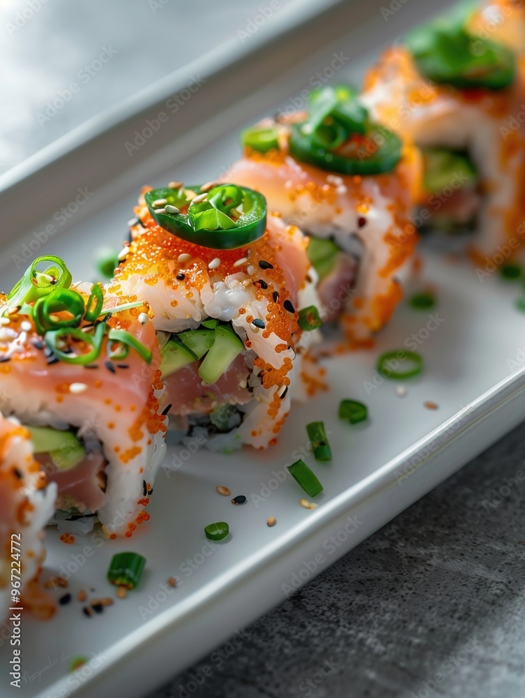 Sushi plate with Dynamite Roll, spicy tuna, cucumber, avocado, and jalapenos on a wooden background Sushi plate with Dynamite Roll, spicy tuna, cucumber, avocado, and jalapenos on a wooden background