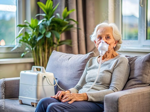 Senior lady sitting comfortably on a couch, breathing oxygen from a transparent mask connected to a portable oxygen concentrator, with a calm expression. photo