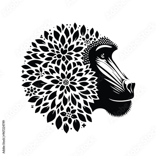 baboon monkey made by simple flower drawing, black and white animal illustration