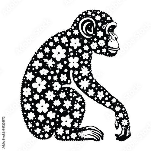 Chimpanzee monkey made by simple flower drawing, black and white animal illustration