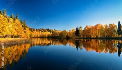 A peaceful lake surrounded by trees in full autumn colors, their vibrant reds, oranges, and yellows perfectly reflected in the still water, creating a serene and picturesque landscape.