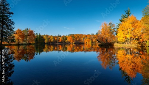 A peaceful lake surrounded by trees in full autumn colors, their vibrant reds, oranges, and yellows perfectly reflected in the still water, creating a serene and picturesque landscape.