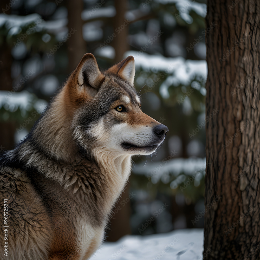 Fototapeta premium Grey Wolf Canis lupus Between Trees Looks