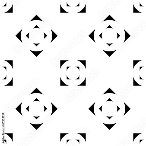 Seamless pattern of arrowheads arranged in a square shape, in black and white style.