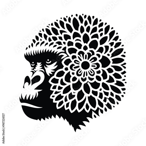gorilla monkey made by simple flower drawing, black and white animal illustration