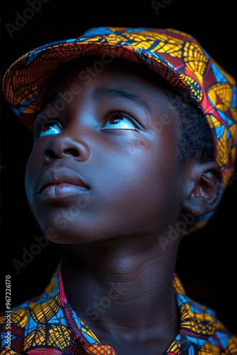 A young boy gazing upwards, wearing a colorful patterned cap and shirt. His expression is thoughtful, with soft lighting highlighting his features against a dark background.