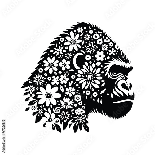 gorilla monkey made by simple flower drawing, black and white animal illustration