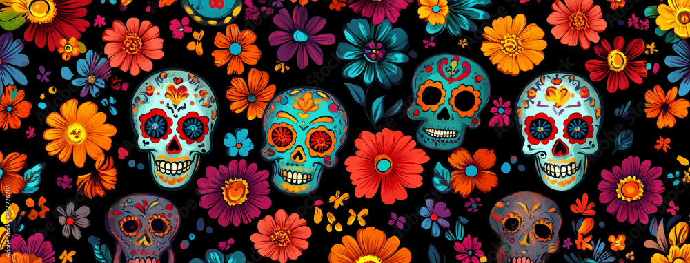 Colorful Day of the Dead sugar skull pattern with bright flowers on dark background. Mexican Dia de los Muertos festival. Colorful Day of the Dead sugar skull pattern with bright flowers on dark background. Mexican Dia de los Muertos festival.