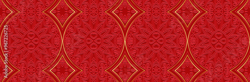 Banner, cover design. Embossed geometric decorative 3D pattern with hearts on a red background, embossing. Ornaments, arabesques, mandala. Ethnic culture of the East, Asia, India, Mexico, Aztec, Peru.