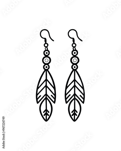 Line art illustration of a pair of bohemian-style feather earrings.