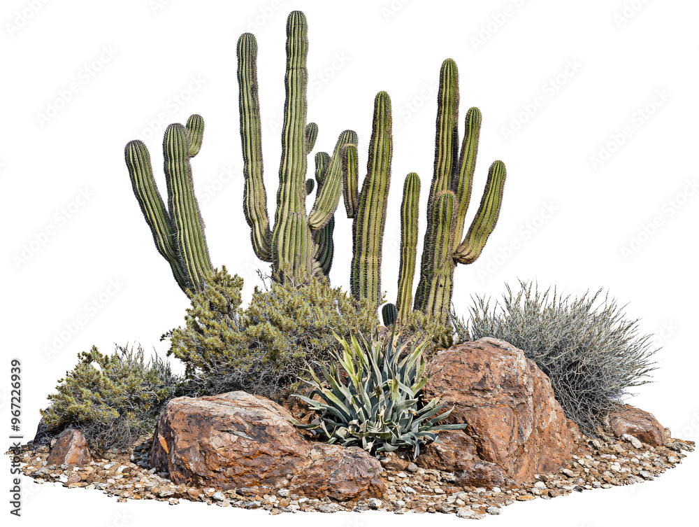 a group of cactus plants and rocks