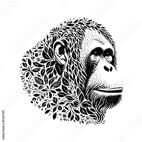 orangutan monkey made by simple botanical drawing, black and white animal illustration black and white animal illustration