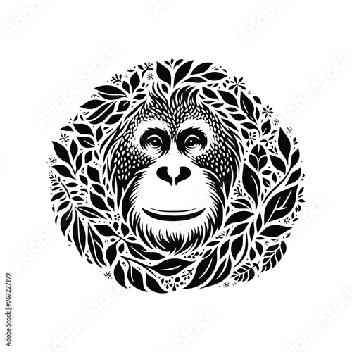 orangutan monkey made by simple botanical drawing, black and white animal illustration black and white animal illustration