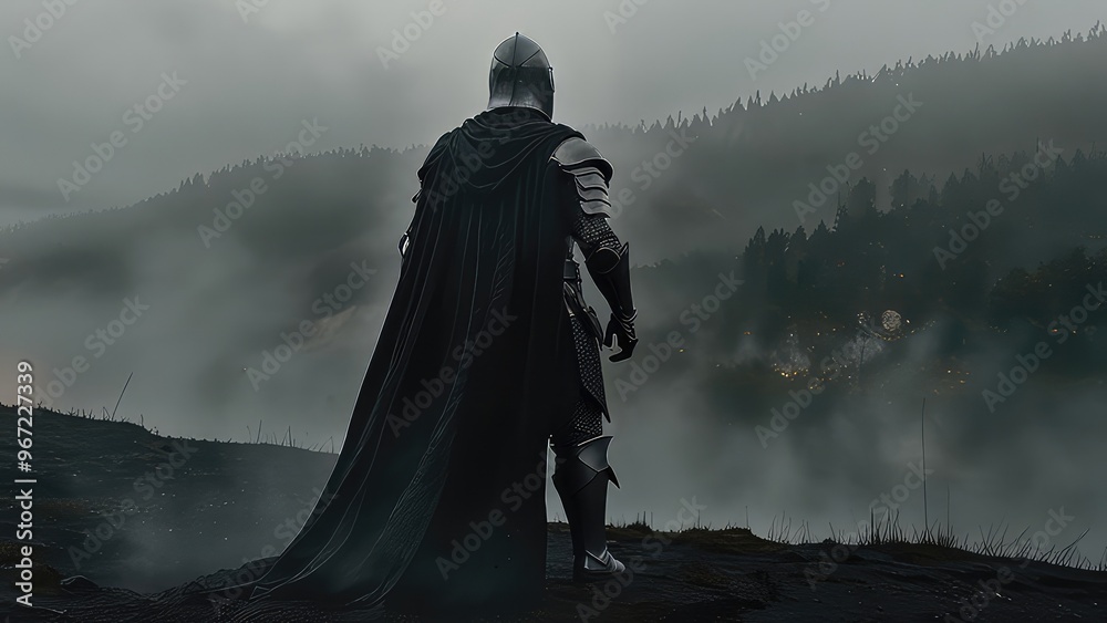 A knight in black armor with a flowing cape surrounded on a black foggy background A knight in black armor with a flowing cape surrounded on a black foggy background