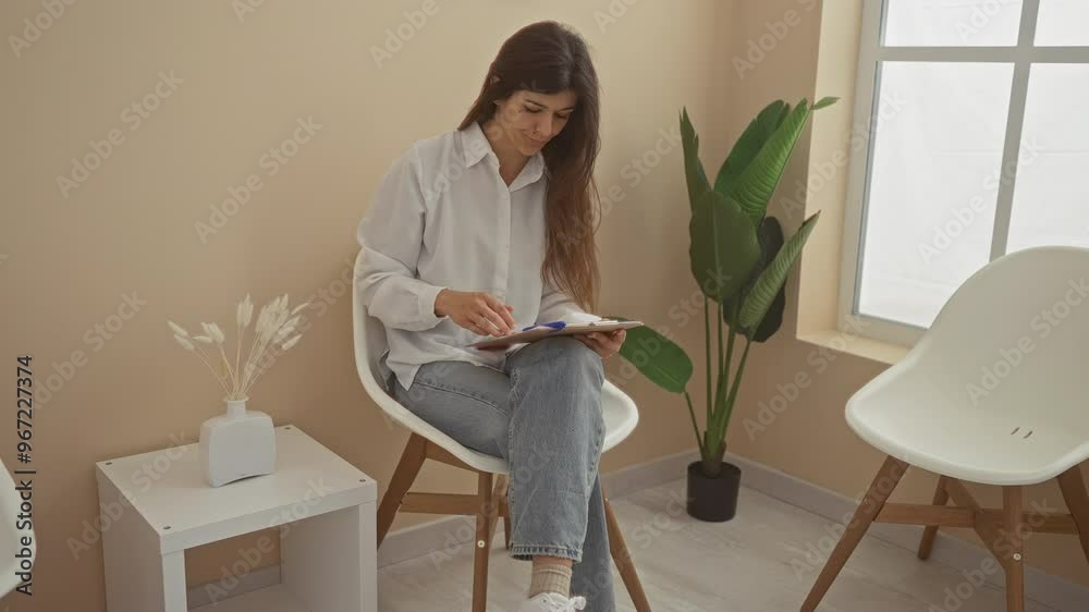 A young hispanic woman sits in a modern waiting room, intently looking at documents on a clipboard in a minimalist indoor setting.