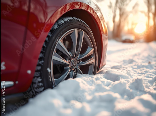 Car wheel close-up stuck in the snow