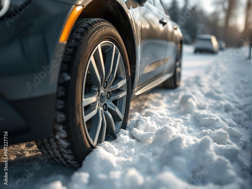 Car wheel close-up stuck in the snow