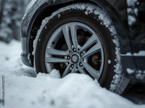 Car wheel close-up stuck in the snow