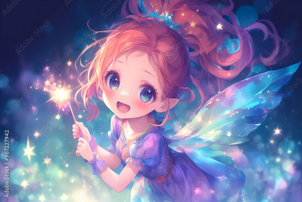 A cheerful fairy girl with large blue eyes and long flowing red hair holds a lit sparkler against a magical starry night background. A cheerful fairy girl with large blue eyes and long flowing red hair holds a lit sparkler against a magical starry night background.