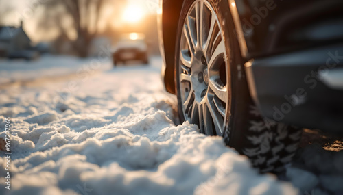 Car wheel close-up stuck in the snow