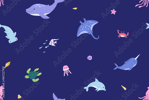 Sea marine animals, seamless pattern. Ocean underwater fauna, endless background. Undersea print with fishes for fabric, textile, wallpaper and wrapping design. Kids colored flat vector illustration