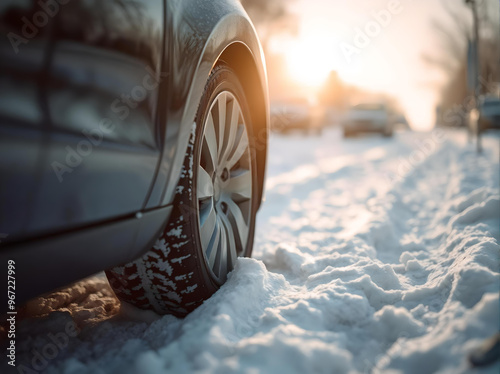Car wheel close-up stuck in the snow
