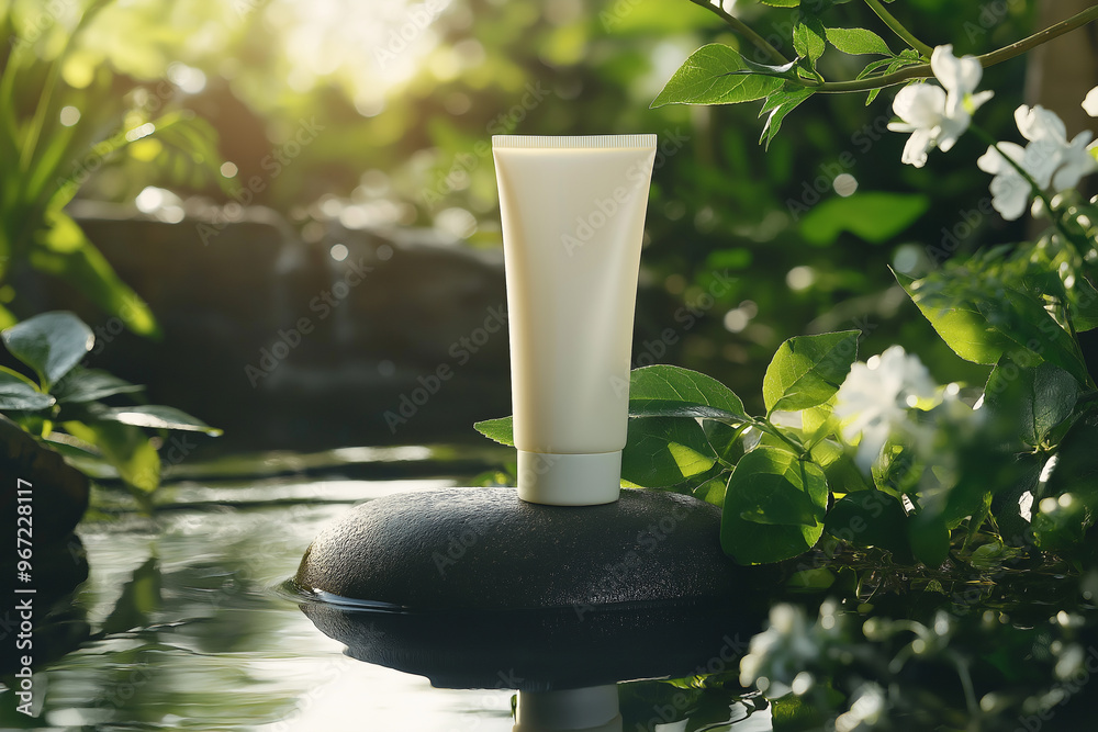 Cosmetic tube on the rock in the forest. Skincare product concept. Cosmetic tube on the rock in the forest. Skincare product concept.