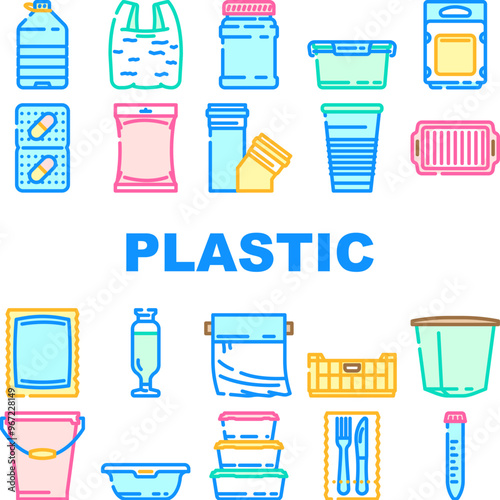 plastic packaging sustainability icons set vector. recycling biodegradable pollution waste environment microplastics, ocean ecofriendly plastic packaging sustainability color line illustrations