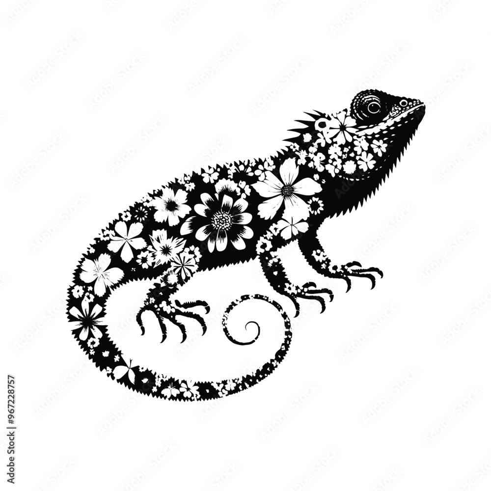 Fototapeta premium Frilled lizard reptile made by simple flower drawing, black and white animal illustration