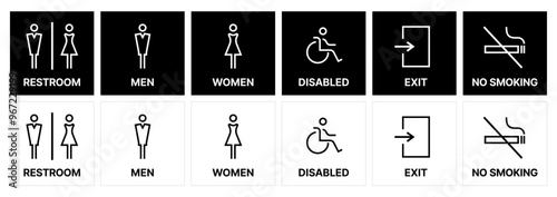 Linear Male and Female toilet symbols. disabled icon. gender icon. restroom pictogram. EXIT and No-Smoking public signage. WC signage on black and white SVG vector.	
