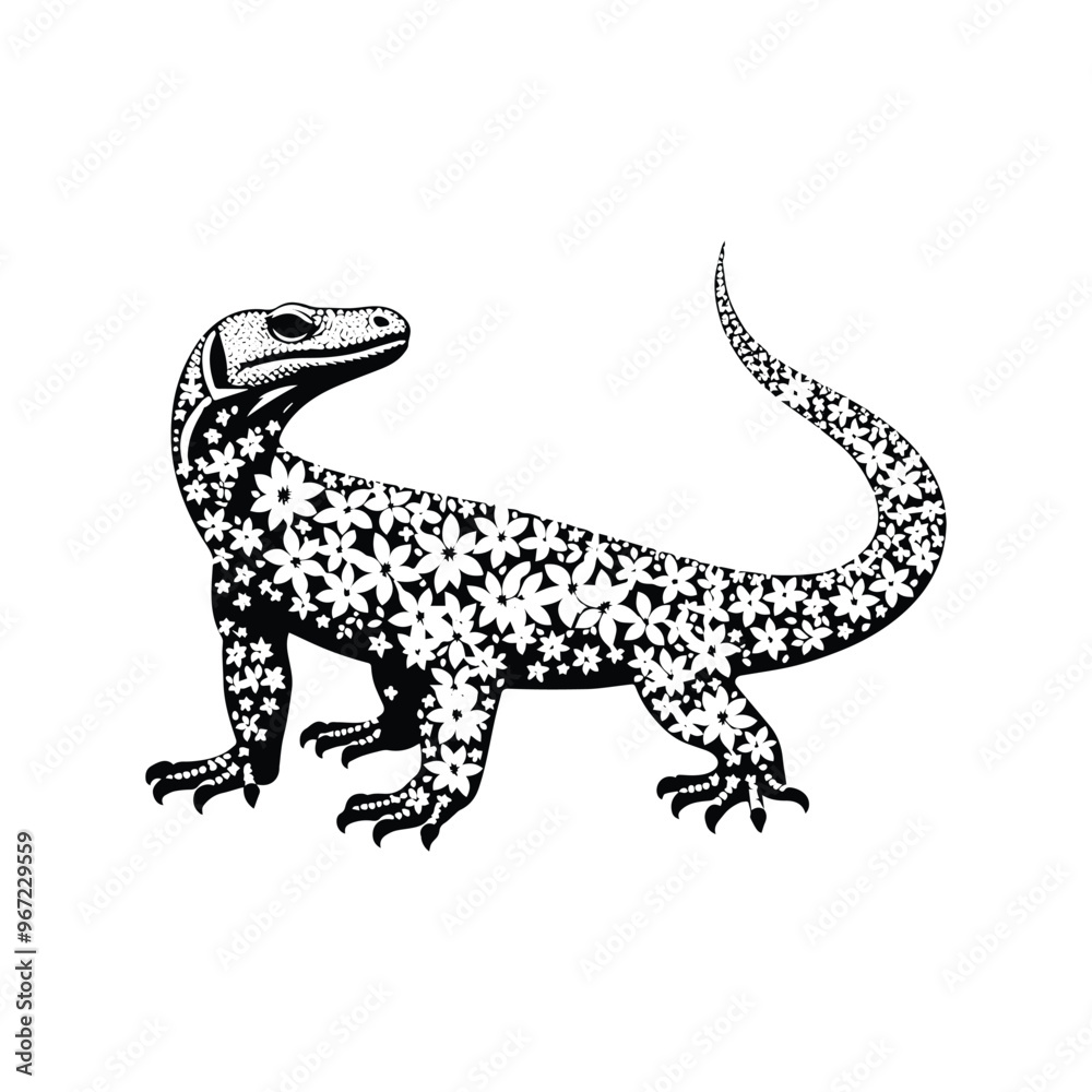 Komodo reptile made by simple flower drawing, black and white animal illustration