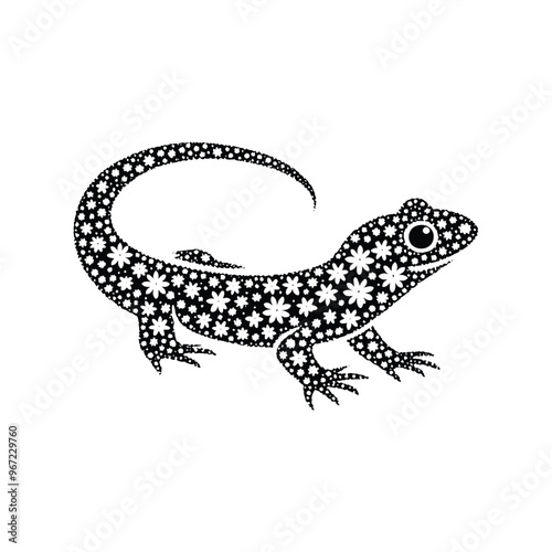 salamander made by simple flower drawing, black and white animal illustration