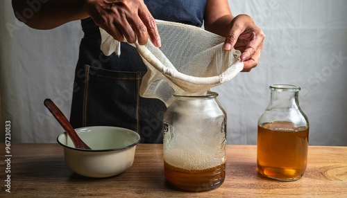 A detailed scene of a person straining homemade vinegar through cheesecloth into a glass bottle, capturing the careful process of creating natural, artisanal vinegar.  photo