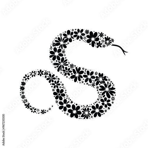 snake reptile made by simple flower drawing, black and white animal illustration