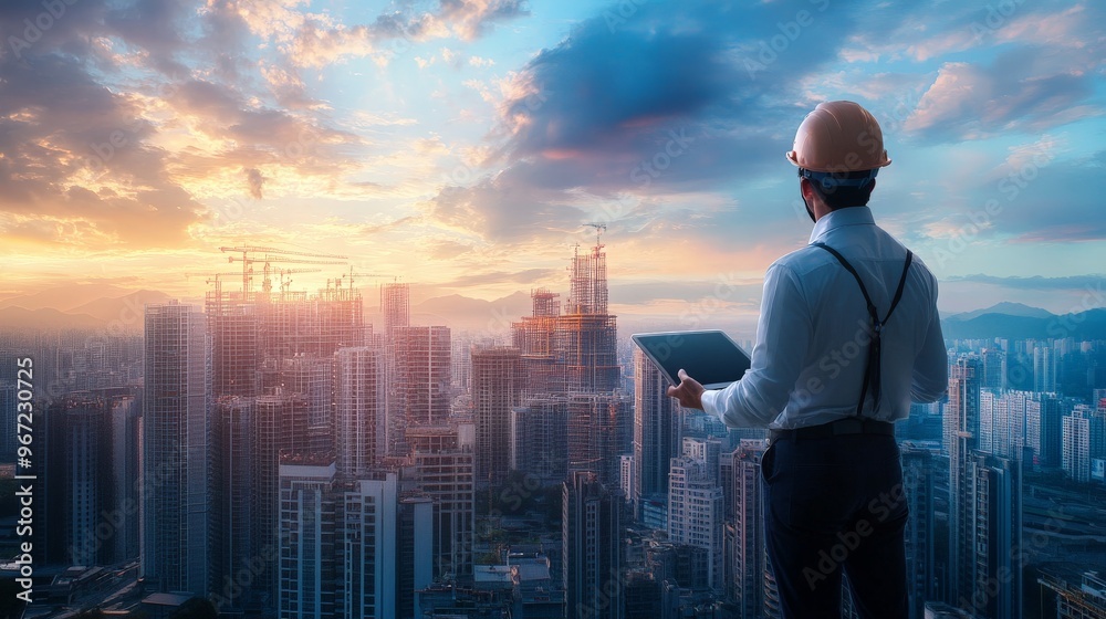 Architect Overlooking Urban Development at Sunrise Architect Overlooking Urban Development at Sunrise