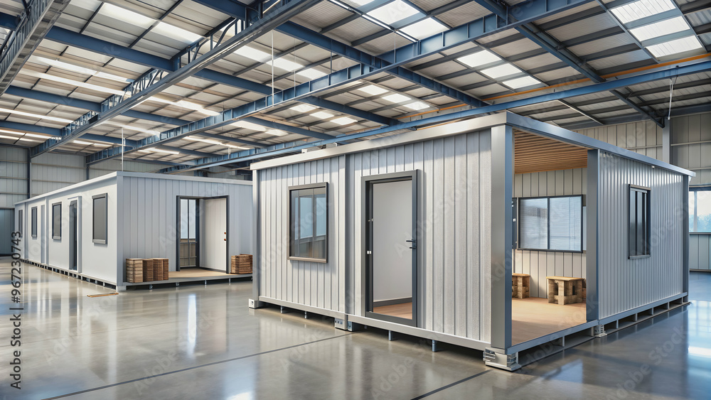 Obraz premium Workshop assembly of modular buildings, Modular construction, workshop, assembly, rendering