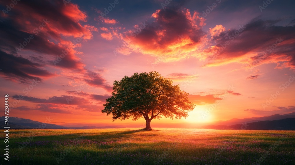 Lonely tree on a field during sunset with dramatic clouds, peaceful nature concept Lonely tree on a field during sunset with dramatic clouds, peaceful nature concept