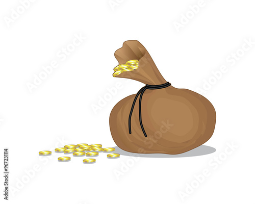 vector illustration design of a brown bag with a black string tied which is slightly open and there are several coins made of gold coming out and falling scattered