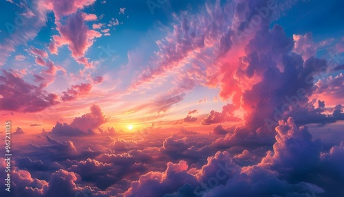 Dreamy sunset sky adorned with colorful pink and purple clouds, creating a serene and romantic atmosphere