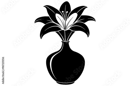 A Persian lily, white and majestic, sits in a vase on a white table, a flower of purity and devotion vector art illustration