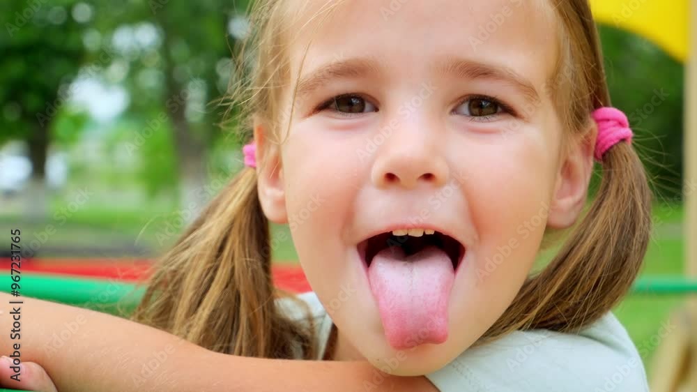 The child shows her tongue, makes faces. Happy childhood concept The child shows her tongue, makes faces. Happy childhood concept
