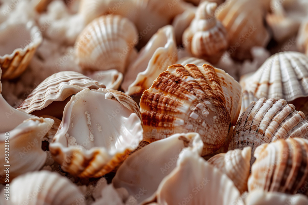 Toned image of many sea shells in pile. Lots of scallop seashells piled together background Toned image of many sea shells in pile. Lots of scallop seashells piled together background