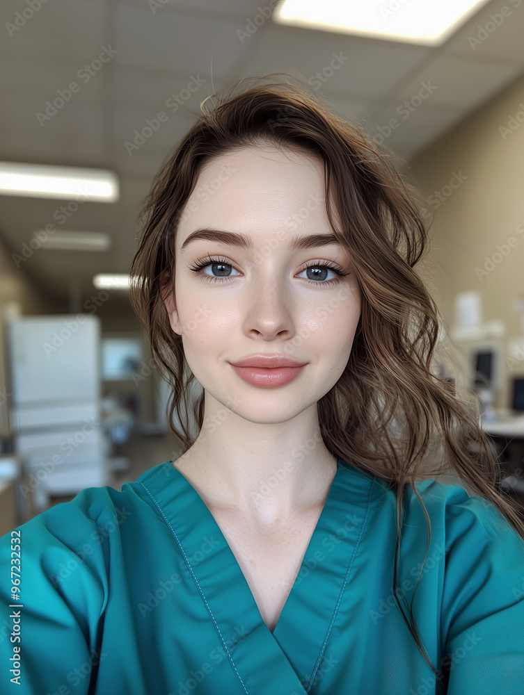 Fototapeta premium A Beautiful Smiling Nurse in Scrubs in a Hospital Setting
