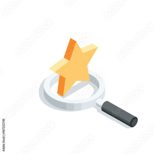 isometric vector star and magnifying glass, in color on white background, rate or search by rating